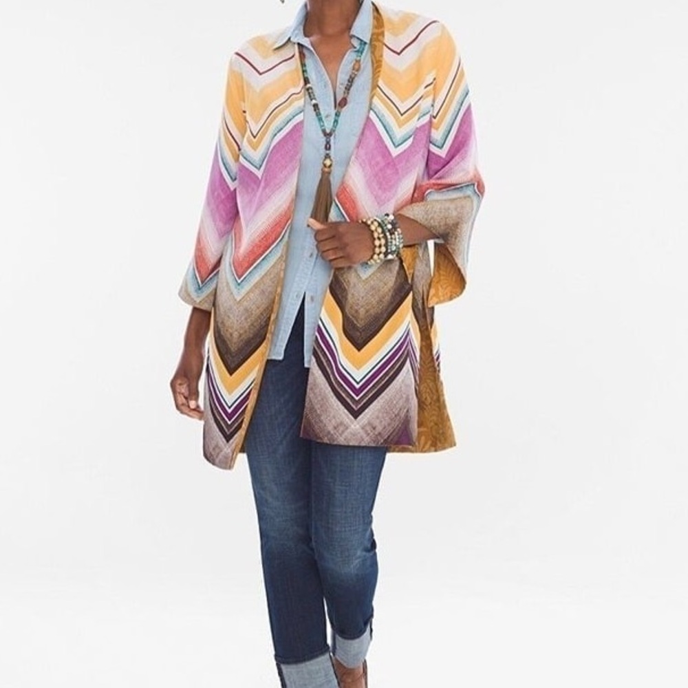 Chico's Reversible Chevron Jacquard Print Kimono Abstract Multicolor 0 8 10 M